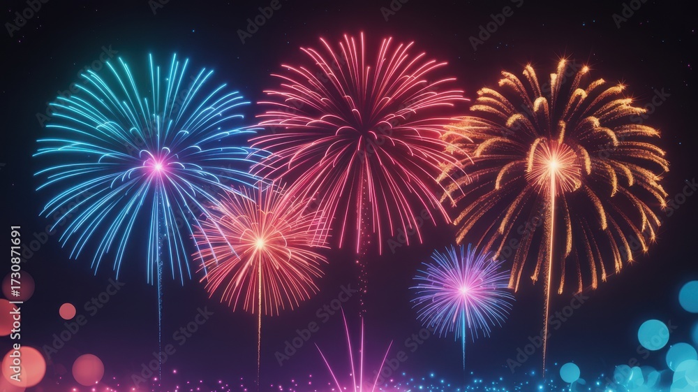 Naklejka premium Multiple colorful fireworks exploding in the night sky