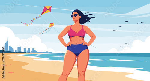 A woman stands confidently on a sunny beach with kites flying in the sky.