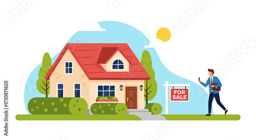 Real estate agent showing a house for sale on a sunny day.