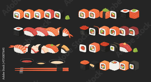 A vibrant pixel art collection featuring a diverse array of delicious sushi rolls and nigiri.