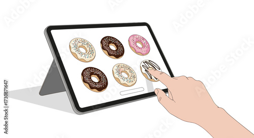 A hand is selecting a donut from a tablet display showing various donuts.