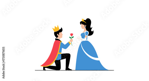 Prince charming offers a single red rose to his beloved princess on bended knee.