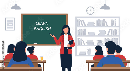 A teacher stands in front of a blackboard that says learn English. Students are sitting at desks facing the teacher.