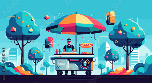 A vibrant street food cart offering hot dogs and refreshments under a colorful umbrella in a modern cityscape.