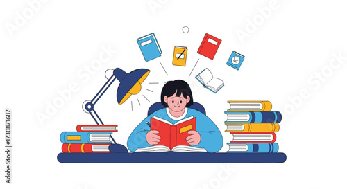 A young person sits at a desk reading a book with many books floating around them.