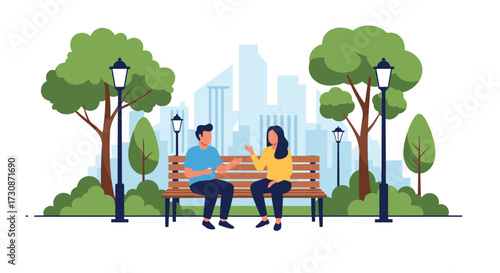 Two people sitting on a park bench talking to each other surrounded by trees and buildings.