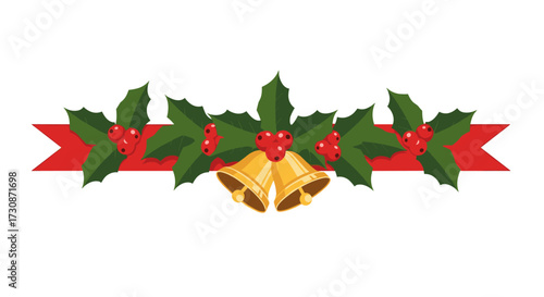 Festive Christmas decoration with holly berries bells and red ribbon banner.