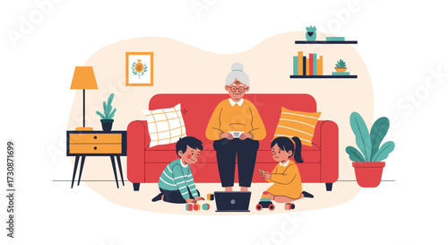 A loving grandmother sits on a couch with her grandchildren playing on the floor.