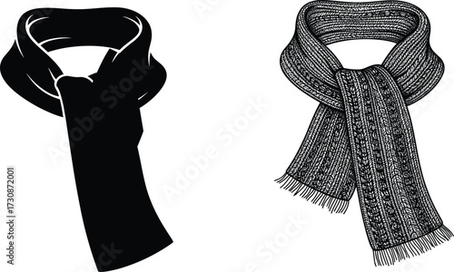 Black fashion scarf, knitted gray winter scarf, cozy textile accessory, stylish fabric clothing, warm neckwear design