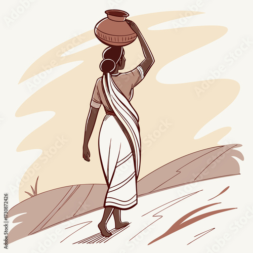Striking artistic rendering of a woman carrying a pot on her head, walking with grace, a timeless scene of daily life and resilience, originally a vector graphic
