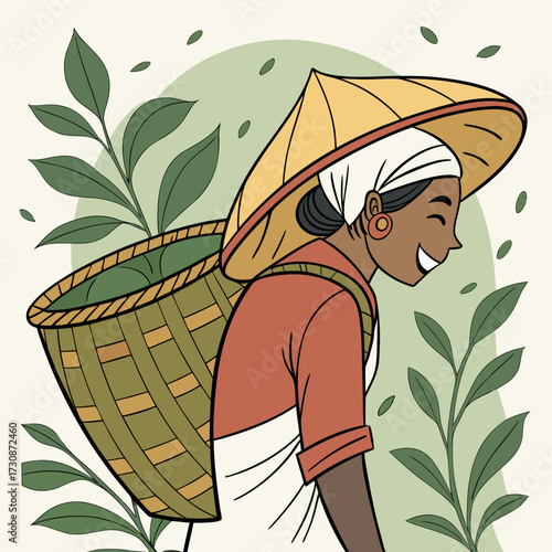 Happy tea picker with traditional hat and basket, showcasing sustainable agriculture and vibrant cultural heritage, perfect for farm-to-table marketing