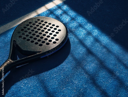 a black padel racket on blue court surface