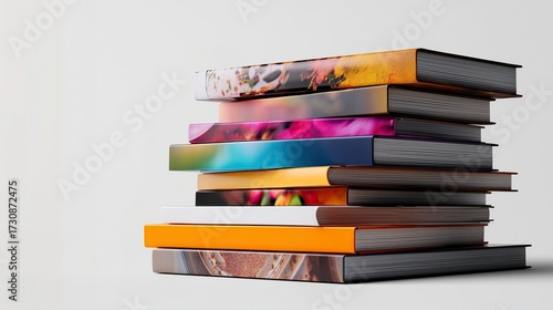 Stack of colorful books arranged neatly on a white background  