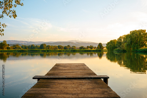 Idyllischer Steg an einem Teich im Harz