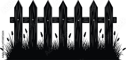 Picket fence silhouette vector illustration, black garden scene with cattails and grass, decorative outdoor clipart, nature and structure design