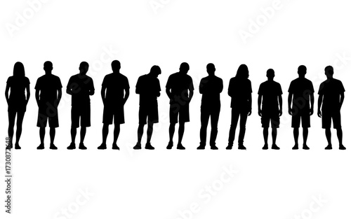 Standing human silhouette vector illustration, eleven casual figures in varied poses, black posture clipart set, people comparison design, character lineup artwork