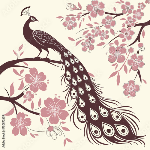 Elegant peacock perched among delicate cherry blossoms, an Asian-inspired design symbolizing beauty, grace, and springtime renewal, perfect for branding