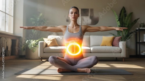 Woman meditating with energy circle, yoga in a sunshine home, peaceful lifestyle