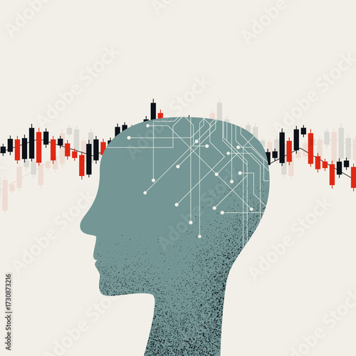 Vector illustration of a human head with a neural network, symbolizing AI in finance. Represents algorithmic trading, market analysis, and investment strategy using machine learning.