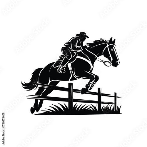Dynamic silhouette of a cowboy riding a horse jumping over a fence