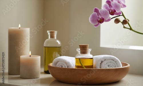 Indulge in serenity with this spa-inspired scene featuring soft towels, fragrant oils, gentle candles, and delicate orchids for a tranquil escape.