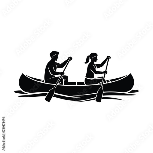 Silhouette of a couple paddling a canoe on a calm body of water