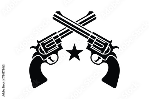 Classic silhouette of two crossed revolvers with a star emblem