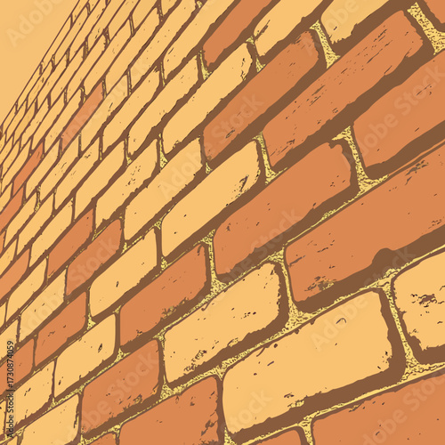 Angled view of a textured brick wall in shades of orange and yellow creating a warm and rustic architectural background pattern
