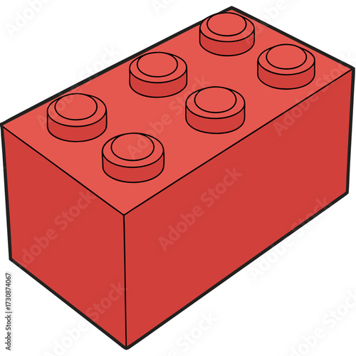 Red toy brick with six studs for building and construction play for children and creative designs and engineering projects shown at an angle