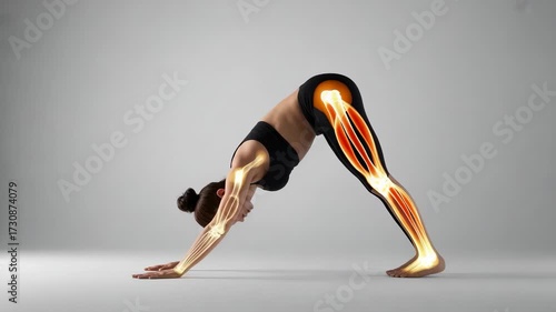 Yoga pose in anatomical study, showing bone and muscle structure of human body