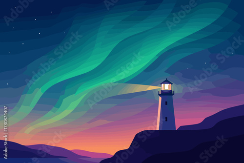 Lighthouse gradient over vector glowing under aurora scene cliffside illustration minimal