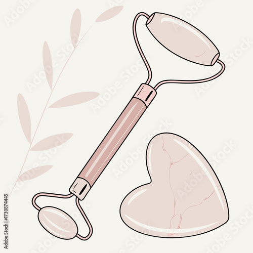 Rose quartz face roller and gua sha tool for skincare routine on a light background