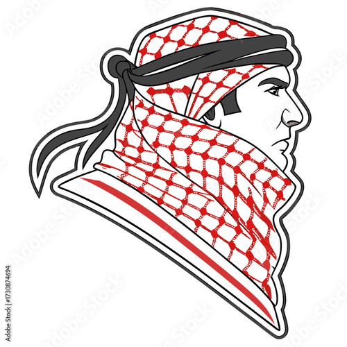 Intense portrait of a man wearing a keffiyeh, strong cultural identity and heritage, striking design, suitable for diverse applications, iconic symbol, detailed