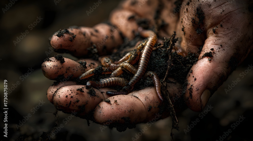 Obraz premium Hands holding earthworms in rich soil showing the importance of composting for gardening