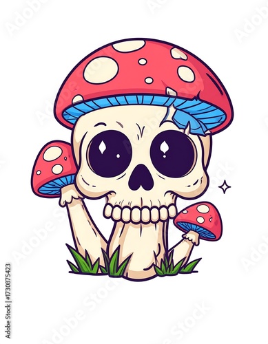Cute Skull with Mushrooms.