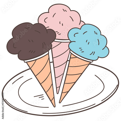 Delicious ice cream cones vector illustration with chocolate strawberry and blueberry flavors on plate design