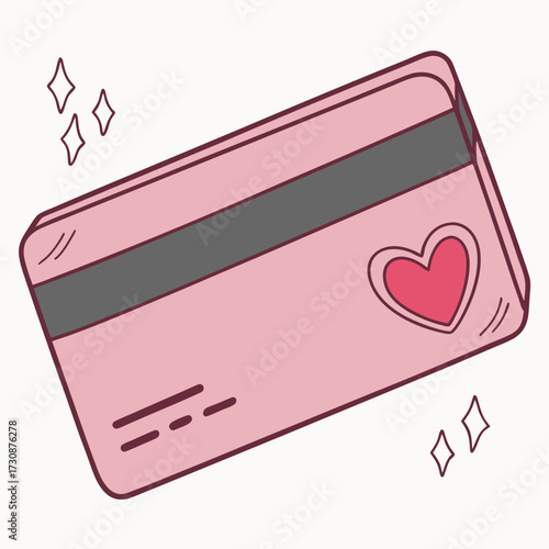 Cute pink credit card with a heart design for valentines day shopping and online purchases with sparkles around it