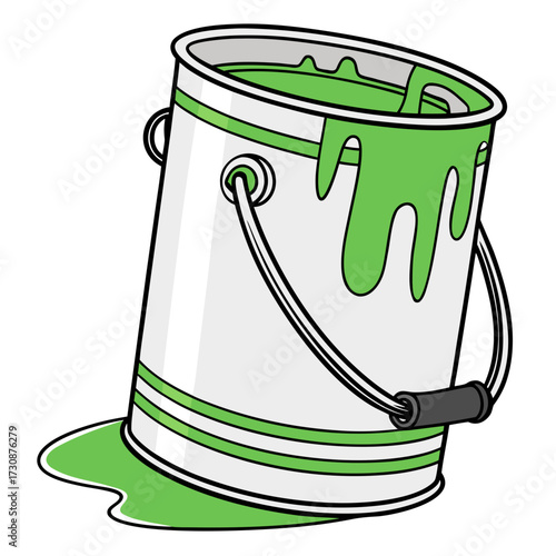 Overturned paint can with dripping green paint creating a mess on a white surface