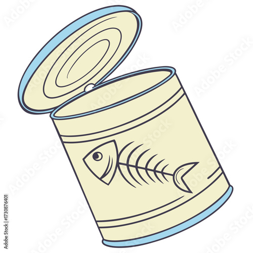 Open can of fish with a fish skeleton design symbolizing empty resources and depletion in a simple cartoon illustration style