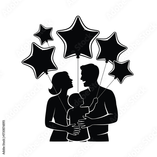 Silhouette family celebrating with star balloons joyful moment