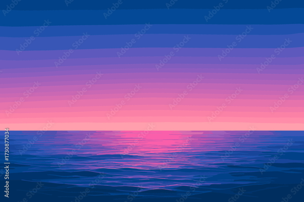 Fototapeta premium Vector twilight blue ocean pink glowing horizon sky illustration gradient