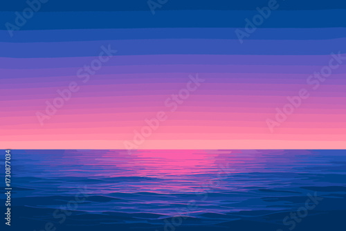 Vector twilight blue ocean pink glowing horizon sky illustration gradient