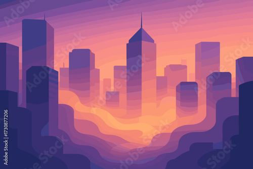 Stylized skyscrapers dawn drifting between mist vector cityscape illustration glowing