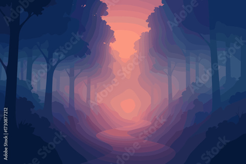 Forest mystical illustration enveloped silhouettes trees vector layered path fog soft glowing