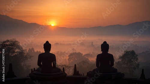 Borobudur Temple at Sunrise with Mist and Silhouettes of Buddha Statues