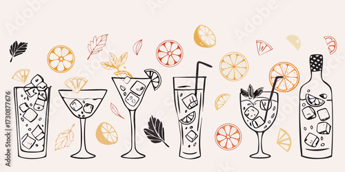 Hand drawn illustration of refreshing summer cocktails with citrus fruits and ice cubes on a light background
