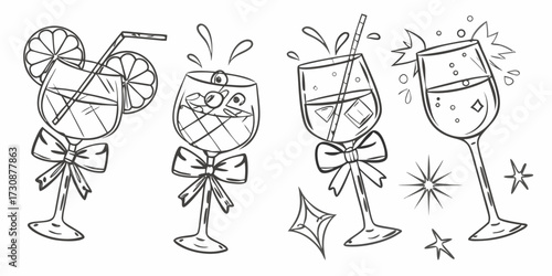 Hand drawn sketch of four festive cocktail glasses with bows and sparkling decorations