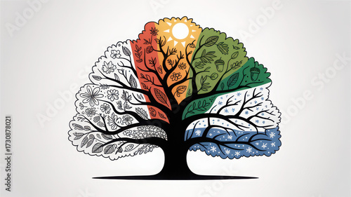 Four seasons tree illustration representing spring summer autumn and winter vector design for environmental concepts