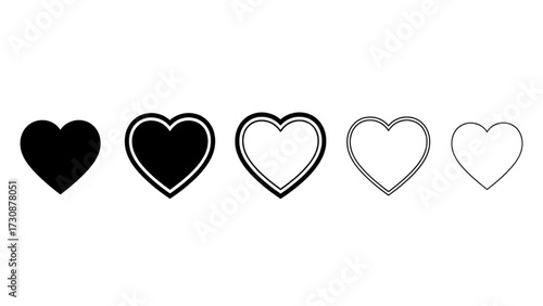 Black Silhouette Heart Icon Set Solid to Outline Progression Minimalist UI Rating Love Symbols