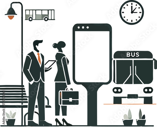 Business people waiting at bus stop with clock and billboard